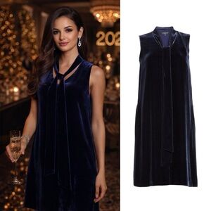 Lafayette 148 Ronan Sleeveless Tie-Neck Velvet Dress Medium Navy Blue V‎ Neck M